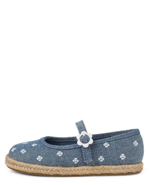 Girls Embroidered Floral Chambray Espadrilles - Driftwood Bay