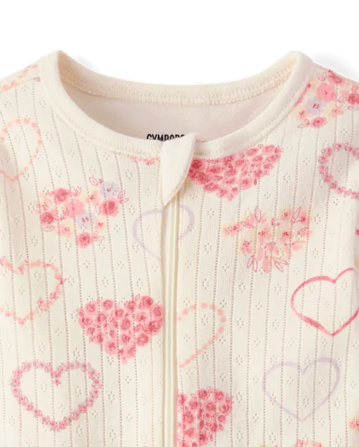 Baby Girls Floral Heart Pointelle Footed One Piece Pajamas