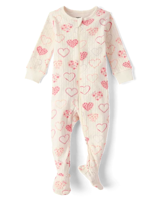 Baby Girls Floral Heart Pointelle Footed One Piece Pajamas