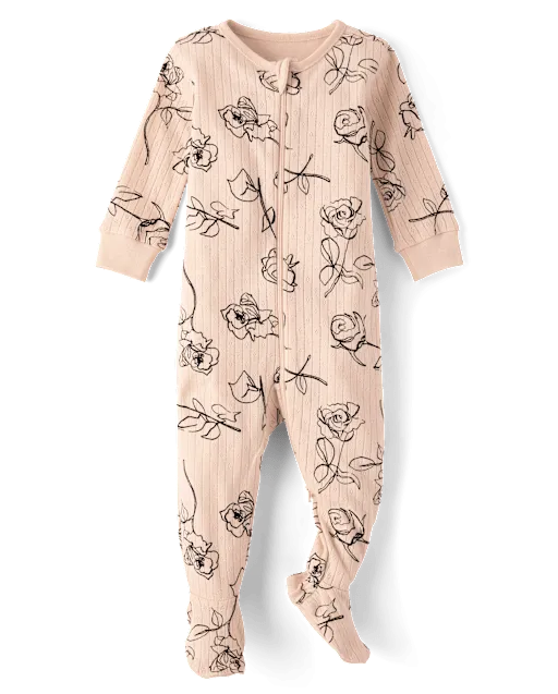 Baby Girls Rose Pointelle Snug Fit Cotton Footed One Piece Pajamas