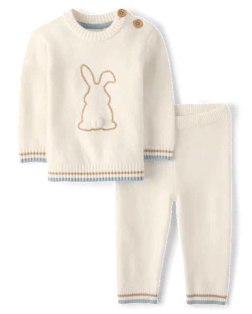 Baby Embroidered Bunny Silhouette Sweater 2-Piece Outfit Set