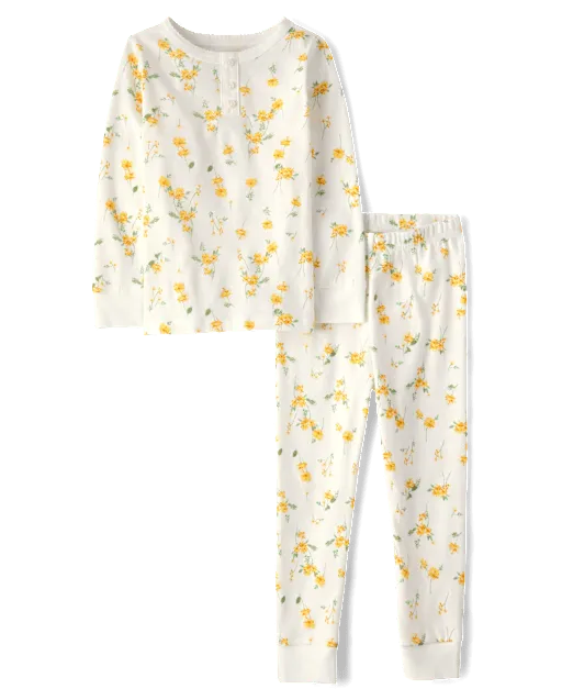 Girls Floral Snug Fit Cotton Henley Pajamas