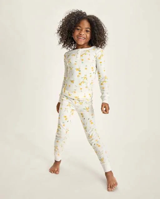 Girls Floral Snug Fit Cotton Henley Pajamas