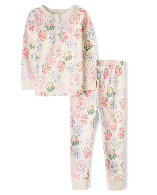 Girls Floral Easter Egg Snug Fit Cotton Henley Pajamas