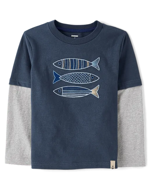 Boys Embroidered Fish Layered Top - Driftwood Bay