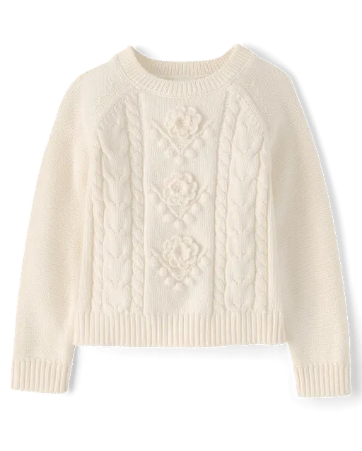 Girls Crochet Floral Cable Knit Sweater - Driftwood Bay