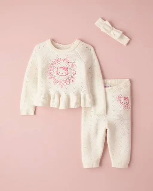 Baby Girls Hello Kitty® Embroidered Floral Pointelle 3-Piece Sweater Set