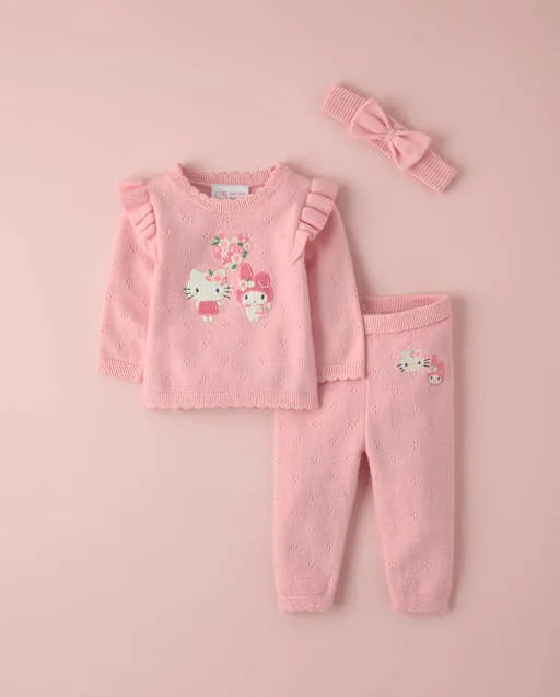 Baby Girls Hello Kitty® And Friends Applique Pointelle 3-Piece Sweater Set