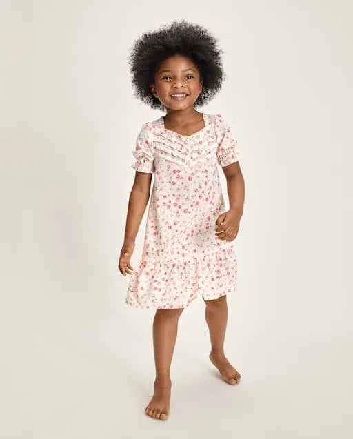 Girls Floral Pintuck Ruffle Nightgown