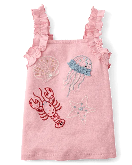 Girls Embroidered Sea Creature Ruffle Tank Top - Driftwood Bay