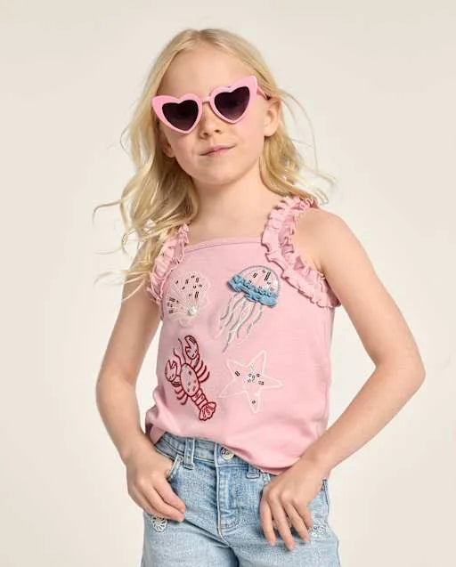 Girls Embroidered Sea Creature Ruffle Tank Top - Driftwood Bay