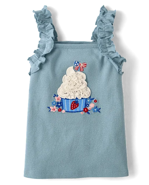 Girls Embroidered Cupcake Ruffle Tank Top - Nantucket Charm