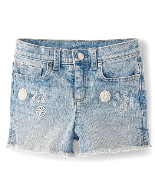 Girls Applique Floral Frayed Jean Shorts - Little Essentials