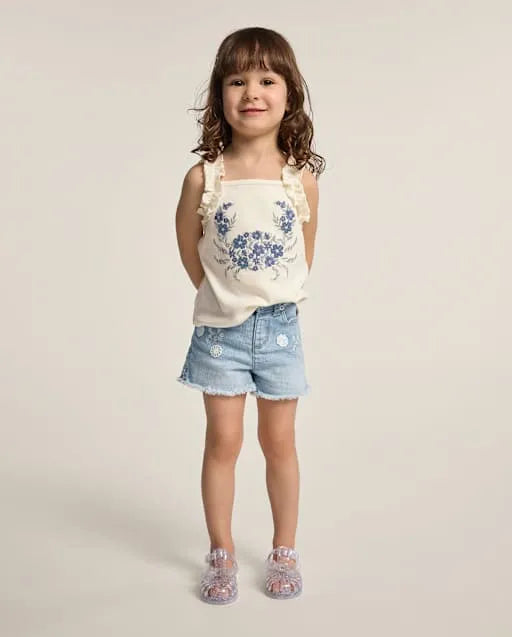 Girls Applique Floral Frayed Jean Shorts - Little Essentials