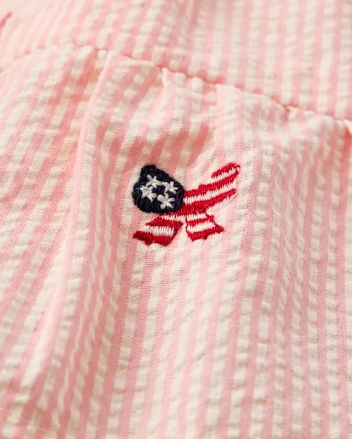 Baby Girls Embroidered Flag Seersucker Tiered Dress - Nantucket Charm