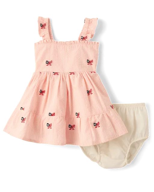 Baby Girls Embroidered Flag Seersucker Tiered Dress - Nantucket Charm