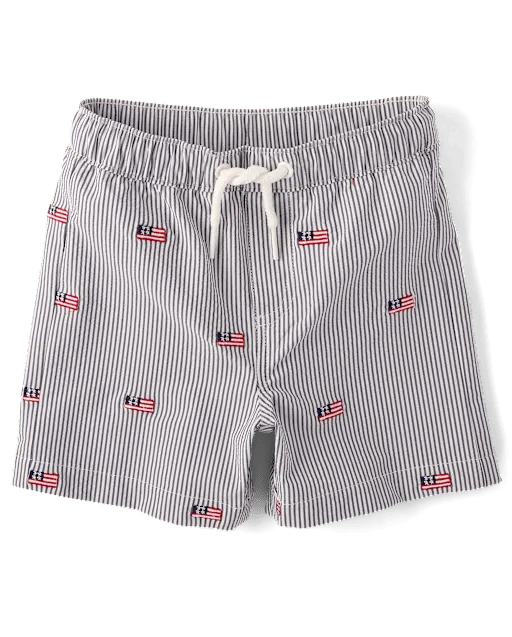 Boys Embroidered Flag Seersucker Swim Trunks - Swim Shop
