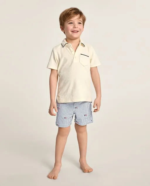Boys Embroidered Flag Seersucker Swim Trunks - Swim Shop
