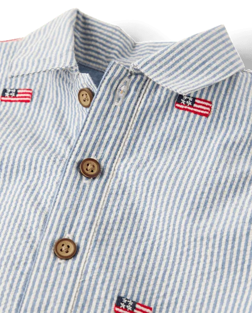 Baby Boys Embroidered Flag Seersucker Romper - Nantucket Charm