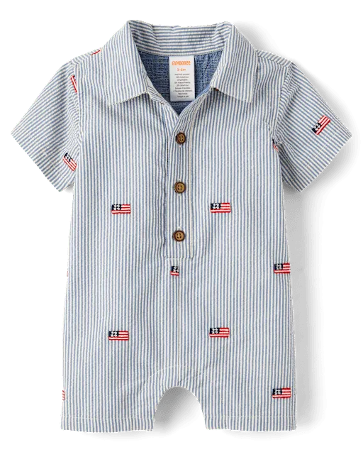 Baby Boys Embroidered Flag Seersucker Romper - Nantucket Charm