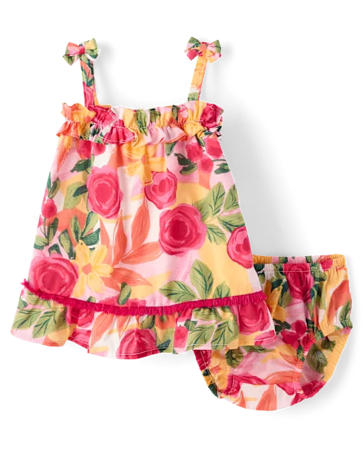 Baby Girls Floral Tassel Bow Shoulder Dress - Amalfi Coast