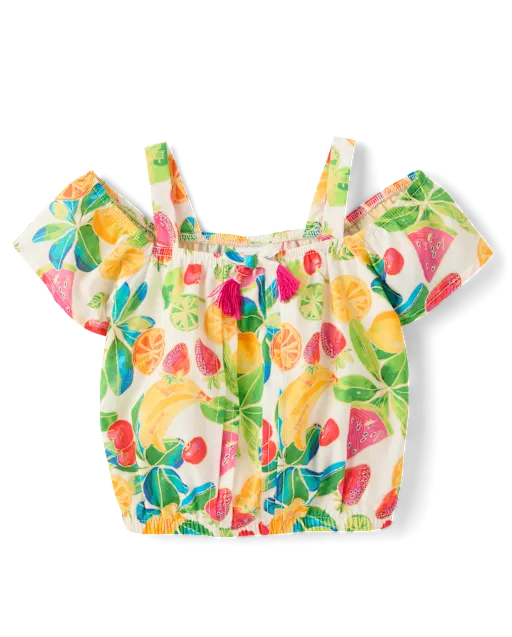 Girls Fruit Tassel Cold Shoulder Top - Amalfi Coast