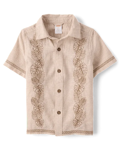 Boys Embroidered Tropical Leaf Linen-Blend Button Up Shirt - Amalfi Coast