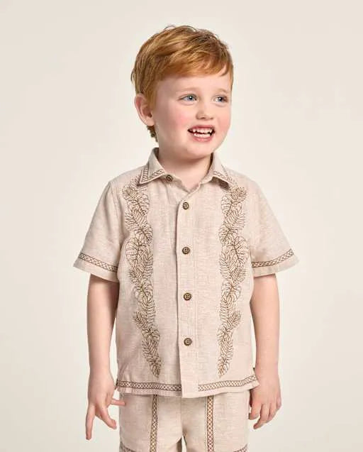 Boys Embroidered Tropical Leaf Linen-Blend Button Up Shirt - Amalfi Coast