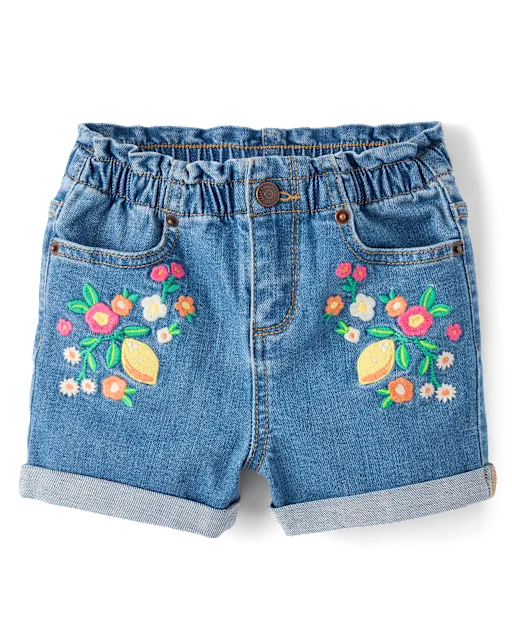 Girls Embroidered Floral Paperbag Waist Jeans Shorts - Amalfi Coast