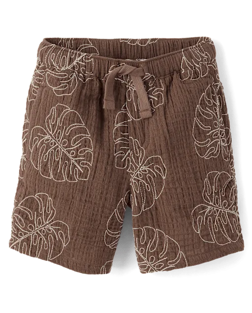 Boys Embroidered Tropical Leaf Gauze Pull On Shorts - Amalfi Coast