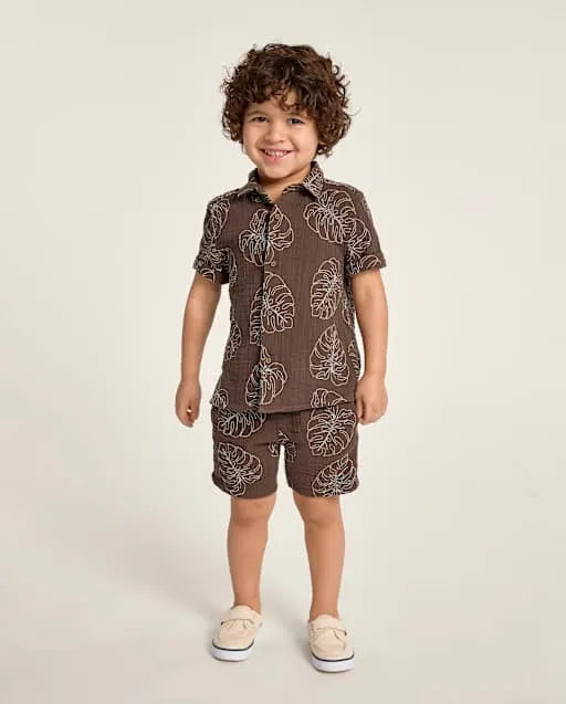 Boys Embroidered Tropical Leaf Gauze Pull On Shorts - Amalfi Coast