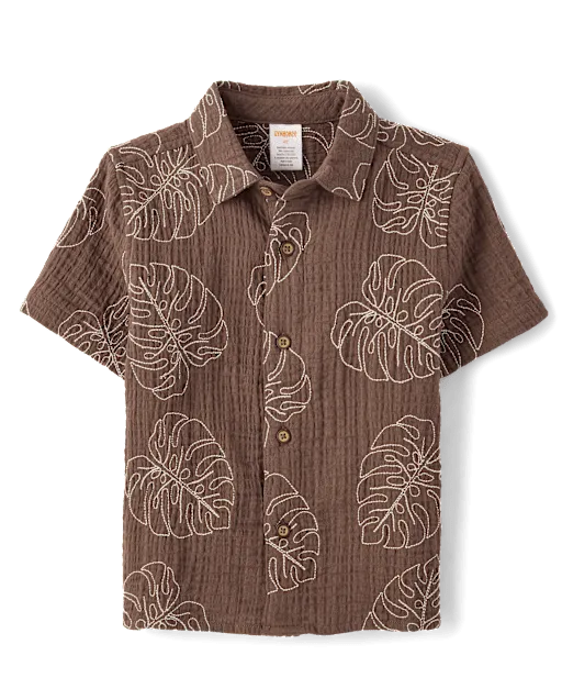 Boys Embroidered Tropical Leaf Gauze Button Up Shirt - Amalfi Coast