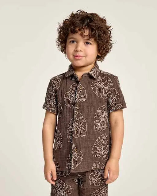 Boys Embroidered Tropical Leaf Gauze Button Up Shirt - Amalfi Coast