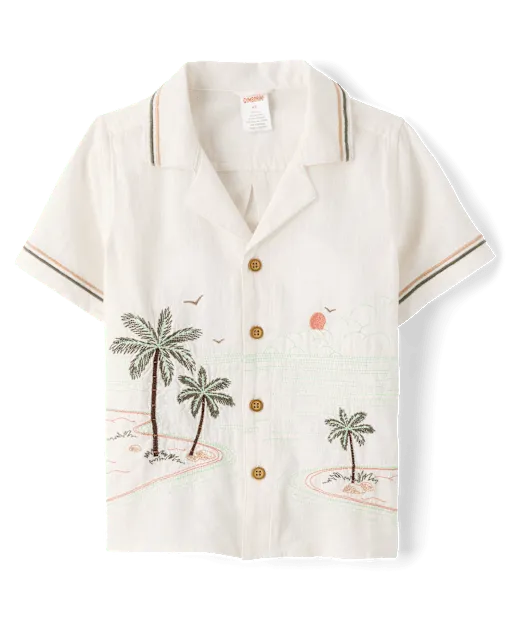 Boys Embroidered Beach Button Up Shirt - Amalfi Coast