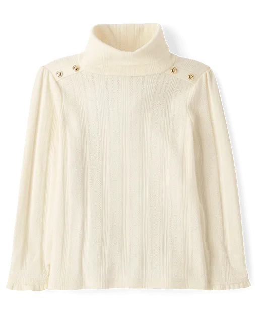 Girls Button Pointelle Turtleneck Top - Little Essentials