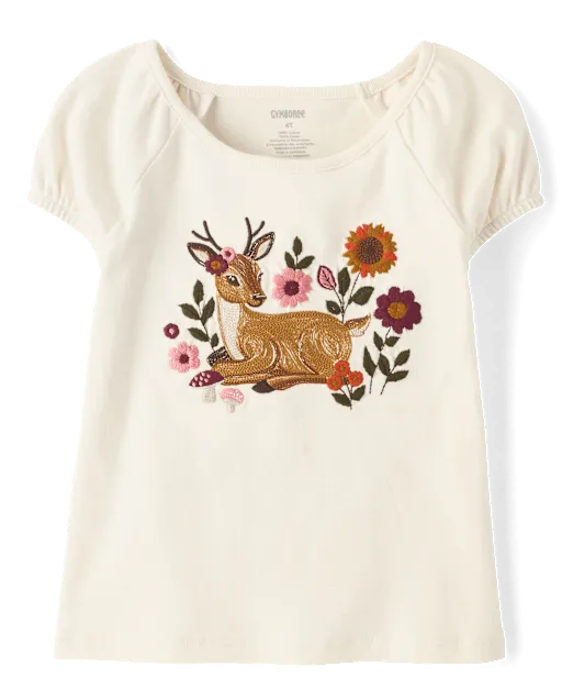 Girls Embroidered Animal Puff Sleeve Top - The Harvest Edit