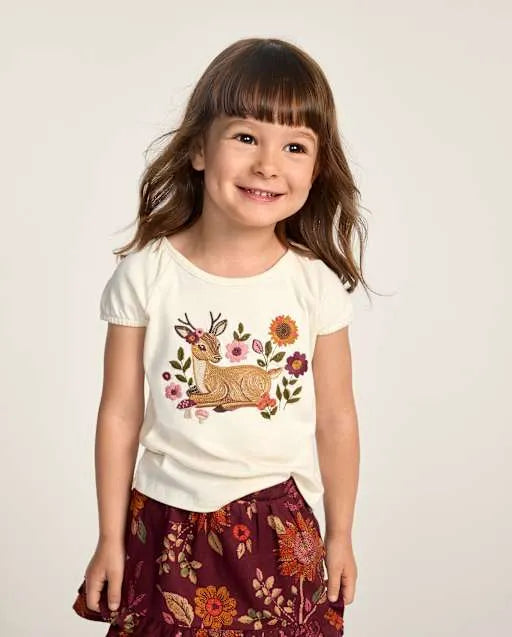 Girls Embroidered Animal Puff Sleeve Top - The Harvest Edit