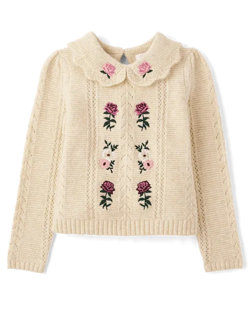 Girls Embroidered Floral Peter Pan Sweater - Countryside Manor