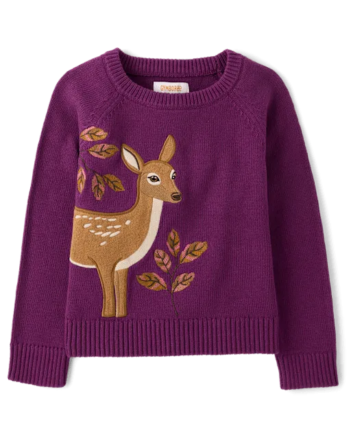 Girls Embroidered Deer Sweater - Countryside Manor