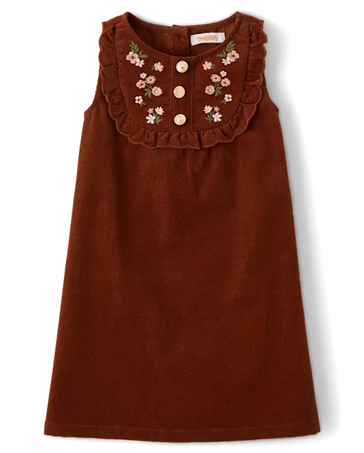 Girls Embroidered Floral Scalloped Corduroy Jumper - Blue Sky Mountain