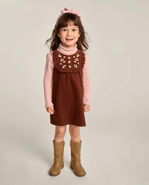 Girls Embroidered Floral Scalloped Corduroy Jumper - Blue Sky Mountain