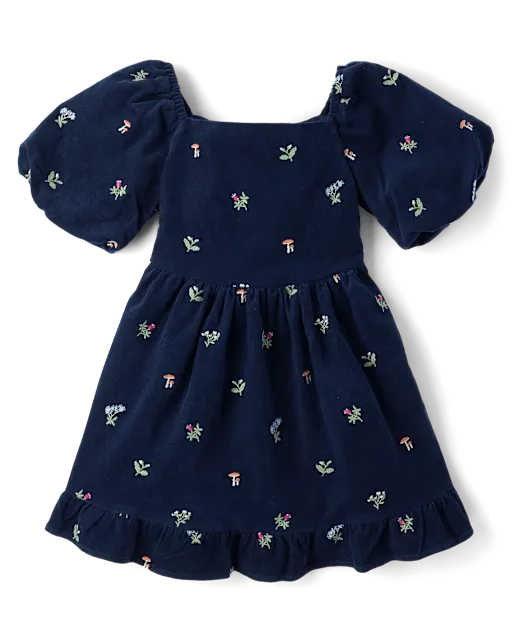 Girls Embroidered Floral Corduroy Ruffle Dress - Blue Sky Mountain