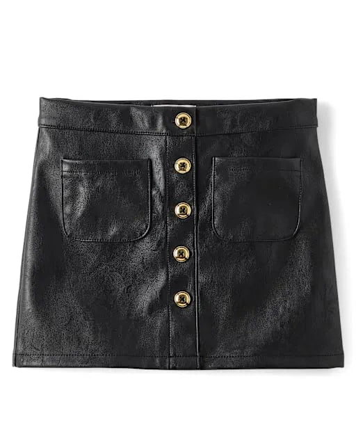 Girls Button Faux Leather Skirt - The Leopard Edit