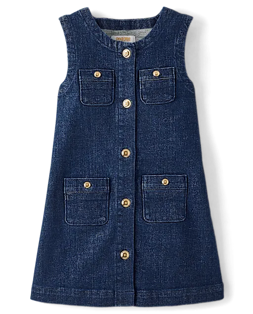 Girls Button Denim Shift Dress - The Leopard Edit