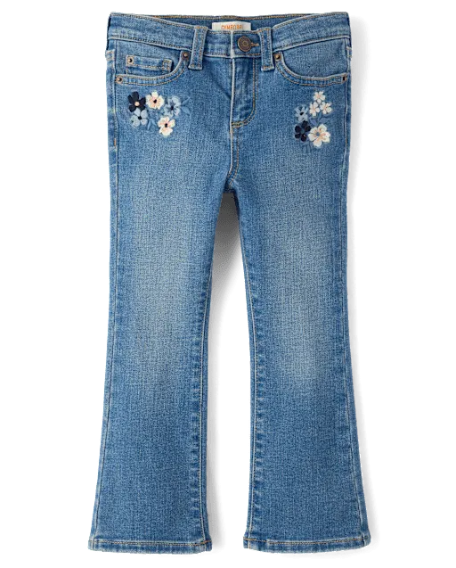 Girls Embroidered Floral Flare Jeans - Blue Sky Mountain