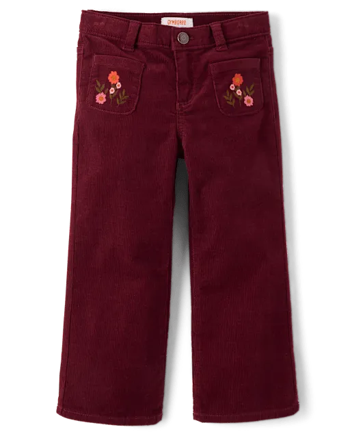 Girls Embroidered Floral Corduroy Wide Leg Pants - The Harvest Edit