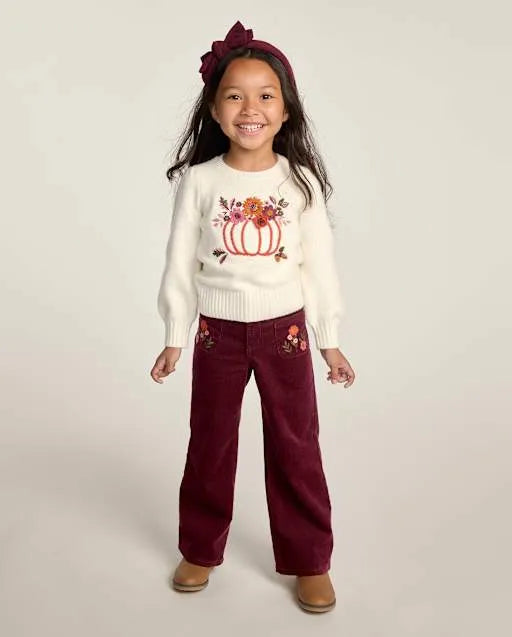 Girls Embroidered Floral Corduroy Wide Leg Pants - The Harvest Edit