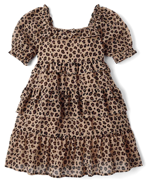 Girls Leopard Chiffon Tiered Ruffle Dress - The Leopard Edit