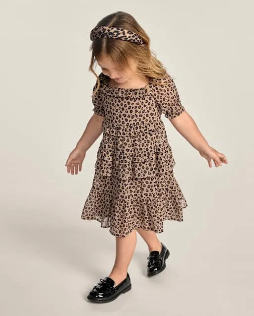 Girls Leopard Chiffon Tiered Ruffle Dress - The Leopard Edit
