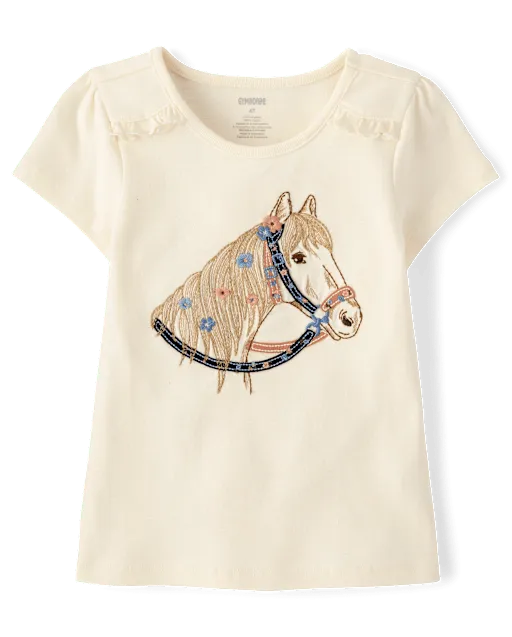 Girls Embroidered Horse Ruffle Top - Blue Sky Mountain